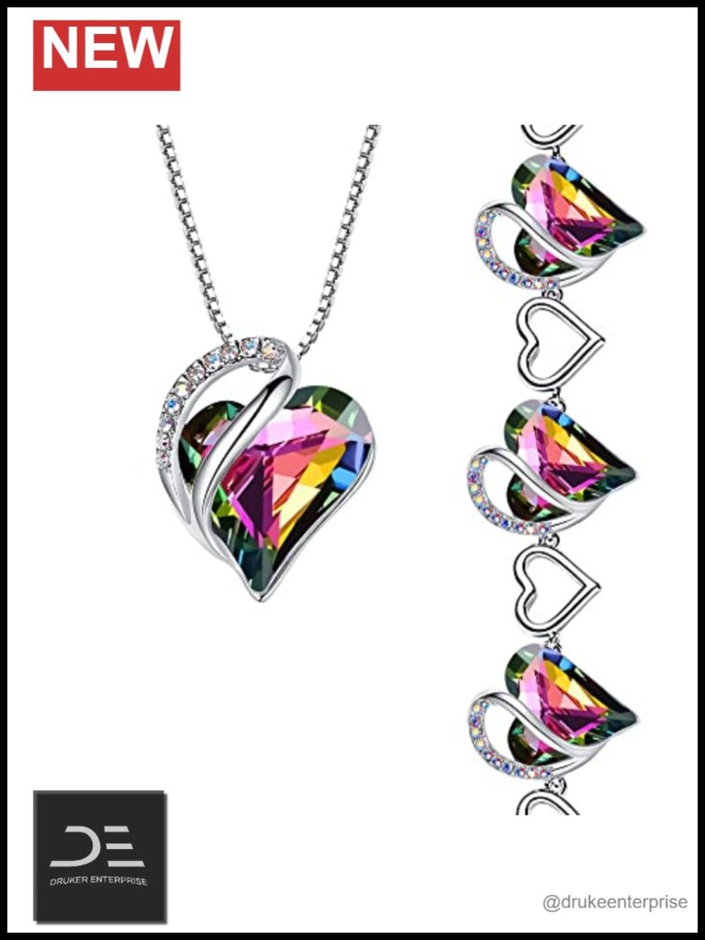 Healing Crystal Heart Necklace & Bracelet Set, Silver Tone Plated, Lobster Claw